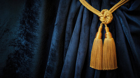 Textured curtain in deep color with a gold tassel tieback, captured in detail, enhancing the rich and warm feel of the space.の素材