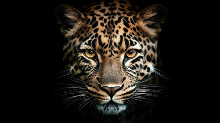 A close-up of a leopard's powerful stare, amber eyes and sharp whiskers highlighting its strength and natural beautyの素材