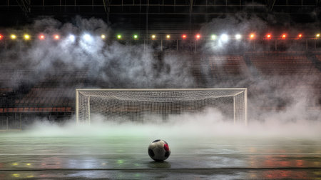 Soccer ball nestled in the goal net with misty steam surrounding it, in an empty stadium under vibrant stadium lights.の素材