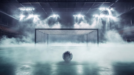 Soccer ball resting in the goal net, surrounded by wisps of steam in an empty stadium, with intense lighting from above.の素材