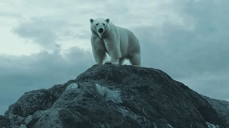 A big polar bear stands proudly on a rocky outcrop, framed against a cloudy sky, showcasing its thick white fur and powerful presenceの素材