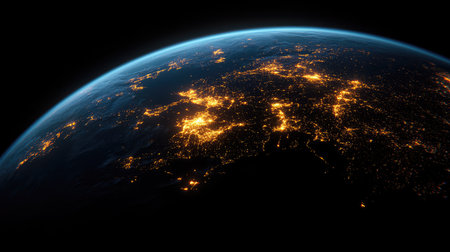 A glowing Earth on a black background, continents, oceans, and clouds sharply defined, highlighting the planet's natural beautyの素材