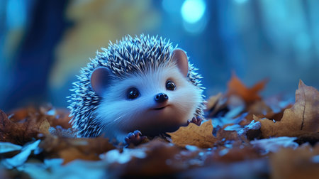 Adorable hedgehog nestled in dry leaves, with its small nose twitching and tiny paws resting on a natural forest floorの素材