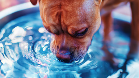 Thirsty dog eagerly drinking from a metal bowl, capturing the shimmer of water and the dog's focused expression in a peaceful indoor space.の素材