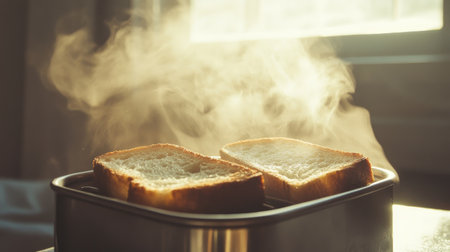 Two slices of toast halfway up in a stainless steel toaster, steam rising in the early morning sunlight.の素材