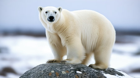 A striking polar bear stands on a rock, overlooking an expanse of snow, with a soft, overcast sky providing a calm backdropの素材
