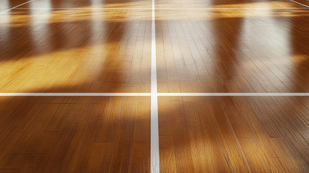 A volleyball on a gymnasium floor, perfectly aligned with a white line, with the polished wood and subtle reflections adding to the professional feel.の素材