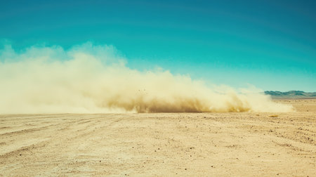 A vehicle speeding through a dusty desert terrain, with sand particles flying and an intense blue sky stretching aboveの素材