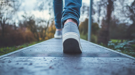 Close-up of a man's foot on the electric scooter deck, highlighting the texture and casual style, with urban backgroundの素材