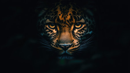 Close-up of a leopard with a mesmerizing stare, golden eyes full of focus, each spot and whisker visible in sharp clarityの素材