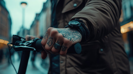 Close-up of a man's hands holding the electric scooter handles, with focus on his watch and the urban environment aroundの素材