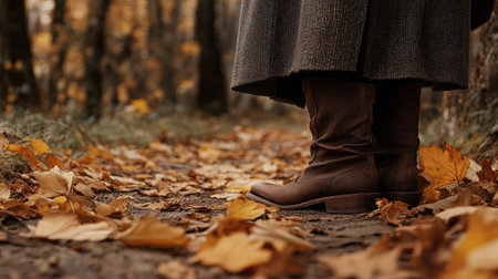 Close-up of woman's legs in brown boots on a leaf-covered path, with textures and colors of autumn creating a cozy seasonal sceneの素材