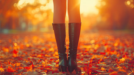 Female legs in leather boots standing on a colorful layer of autumn leaves, with warm seasonal hues and soft sunlight filling the sceneの素材