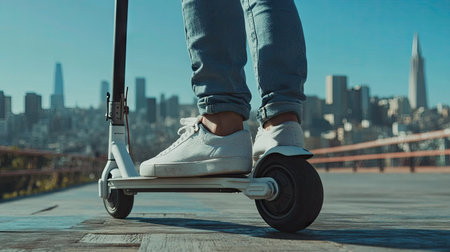 Focused shot on a man's foot on an electric scooter's deck, highlighting the sleek design and his casual sneakers, with the city blurred in the backの素材