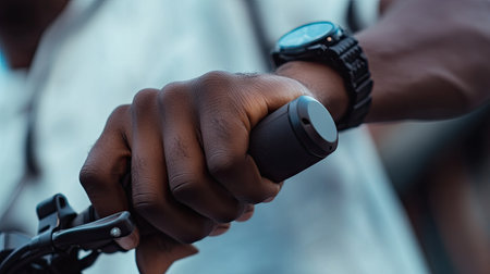 Close-up of a man's hands holding the electric scooter handles, with focus on his watch and the urban environment aroundの素材