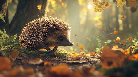 Cute hedgehog on a natural forest floor, nestled among green leaves and twigs, with its small nose sniffing the surroundingsの素材