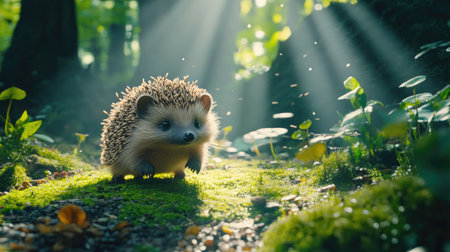 Curious hedgehog on a mossy forest path, surrounded by small plants and earthy textures, with sunlight filtering throughの素材
