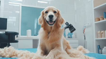 Dog calmly sits on grooming table as groomer uses clippers to trim fur, with grooming tools in the background and a tidy salon environmentの素材