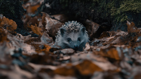 Cute hedgehog on the forest floor, framed by fallen leaves and moss, with a tiny nose and curious gaze exploring its environmentの素材