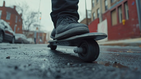 Detailed shot of a man's foot on the scooter pedal, with focus on the deck and wheel area as he rides on a paved streetの素材