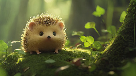 Curious hedgehog in a green forest setting, surrounded by moss and leaves, with a bright, charming expression under natural lightの素材