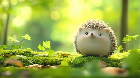 Curious hedgehog in a green forest setting, surrounded by moss and leaves, with a bright, charming expression under natural lightの素材