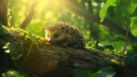 Cute hedgehog nestled on a fallen log in the forest, peeking through green foliage with its quills glistening under soft sunlightの素材