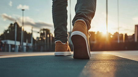 Close-up of a man's foot on the electric scooter deck, highlighting the texture and casual style, with urban backgroundの素材