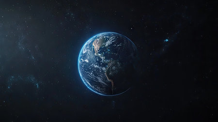 Earth isolated on black, featuring detailed continents, blue oceans, and cloud patterns, with a faint glow encircling the planetの素材