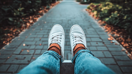 Detailed shot of a man's foot on an electric scooter deck, with casual sneakers and a background of urban pavementの素材