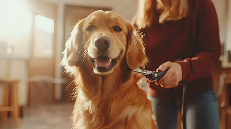 Groomer clipping a dog's coat with clippers, capturing the tools and technique used on a happy dog, in a bright and welcoming salonの素材
