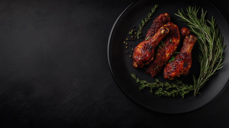 Juicy air-fried chicken seasoned with rosemary, thyme, and a fermented marinade, served with fresh herbs on a dark plateの素材