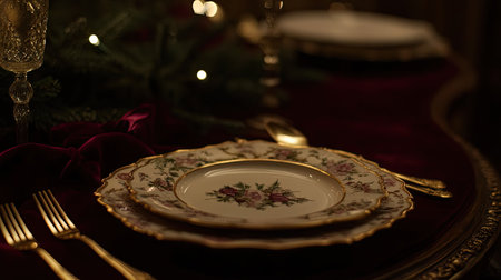 Holiday table setup with simple plates, gold flatware, small spruce branches, and soft velvet ribbons, exuding Christmas warmthの素材