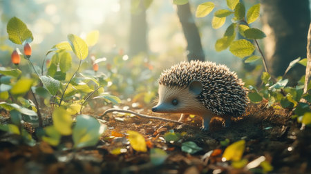 Tiny hedgehog exploring the forest floor, with twigs and green leaves around, its nose sniffing the fresh air under soft sunlightの素材