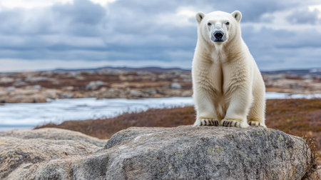 Large polar bear standing proudly on a rugged rock, with a frozen landscape stretching out behind under a cloudy skyの素材