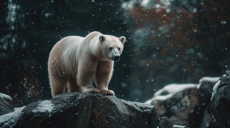 Polar bear standing on a rock, looking into the distance, with snow gently falling and its white fur blending into the icy surroundingsの素材