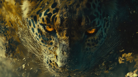 Leopard's intense, focused gaze in a close-up, amber eyes full of power and alertness, with intricate fur patternsの素材