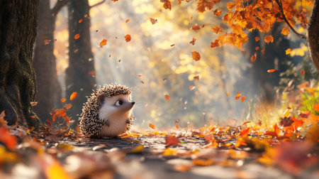Sweet hedgehog on a sunlit forest path, sitting among scattered leaves and twigs, with a curious expression and soft natural lightの素材