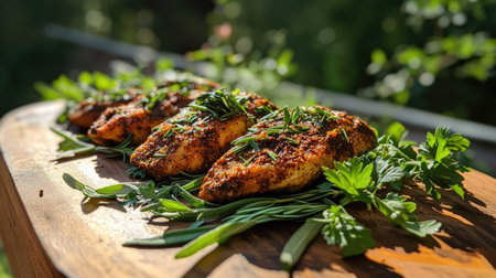 Golden roasted air fryer chicken with a fermented spice crust, rosemary, and garlic, plated with fresh herbs on a rustic boardの素材