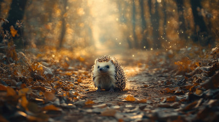 Sweet hedgehog on a sunlit forest path, sitting among scattered leaves and twigs, with a curious expression and soft natural lightの素材
