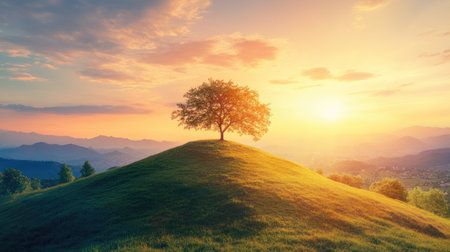 Quiet sunset with a solitary tree on a hill, warm golden colors fading into twilight, creating a serene natural sceneの素材
