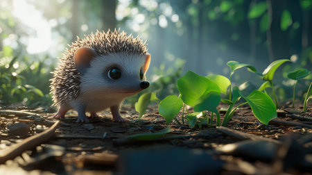 Tiny hedgehog exploring the forest floor, with twigs and green leaves around, its nose sniffing the fresh air under soft sunlightの素材