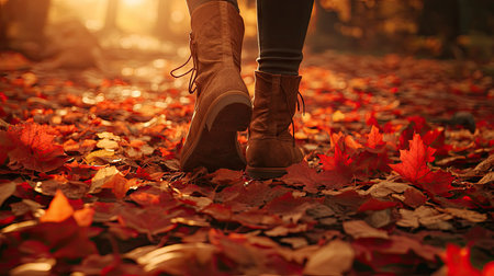 Woman's legs in cozy ankle boots on a carpet of red and orange autumn leaves, capturing the essence of fall colors under soft sunlightの素材