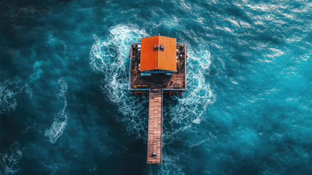 Aerial perspective of an oil rig in the middle of the ocean, capturing its solid structure against the sweeping, deep blue water.の素材