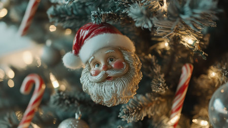 Traditional Santa ornament on a tree with twinkling lights, candy canes, and a festive holiday backdropの素材