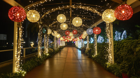 Rows of Chinese lanterns hanging along a decorated walkway, creating a cheerful and festive atmosphere for the New Year.の素材