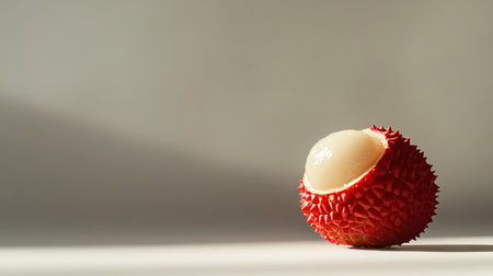 Single lychee fruit with reddish skin, half peeled to reveal juicy flesh, isolated on a white background with soft shadows.の素材