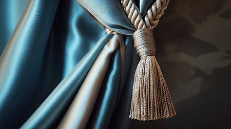 Detailed view of a silk curtain with a braided tassel tieback, softly reflecting light, evoking a classic and refined interior setting.の素材