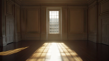 A simple, empty room with polished oak floors, soft light entering from one side, creating a warm, inviting ambiance in a quiet, serene space.の素材