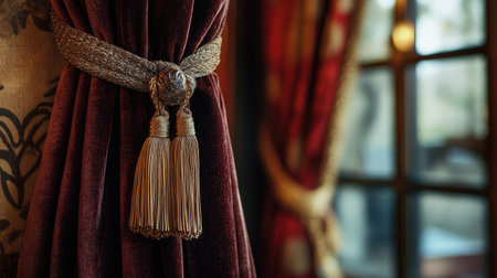 Intricate tassel tieback holding a lush velvet curtain in place, highlighting opulence and traditional elegance in close-up.の素材